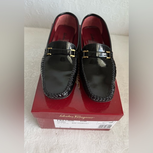 Salvatore Ferragamo Shoes - Salvatore Ferragamo Black Patent Leather Loafers with Gold Tone Hardware